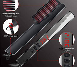 BIKUUL Hair Straightener Brush,Beard Straightener Comb,Ceramic Heating,6 Temperature Control,Anti-Scald,Frizz-Free,30s Fast Heat Up, Auto Off, Portable Hair Straightening Comb,For Men & Women