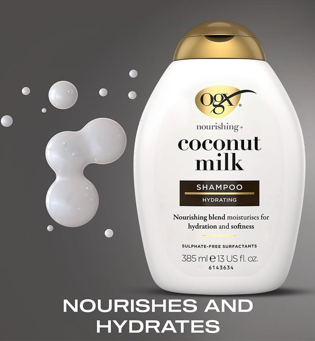 OGX Nourishing+ Coconut Milk Shampoo, New Gentle and pH Balanced Formula, 385ml - Paraben-Free Haircare for Soft, Hydrated, and Lustrous Locks