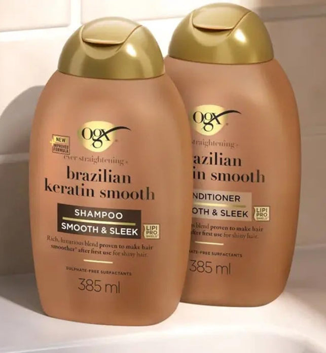 OGX Ever Straightening Shampoo & Conditioner with Brazilian Keratin, 385ml Pack of 2, Smooth & Silky Hair, Keratin Treatment for Frizz-Free, Straighter-Looking Hair