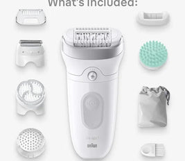 Braun Silk-épil 7 SkinSpa 7-081 All in One Wet & Dry Epilator, Exfoliation Brush, Massage Pad, Wide Head, Shaver & Trimmer Head, German Made, +6 Extras, Rechargeable Hair Removal Device - White