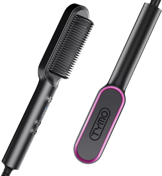 TYMO Hair Straightener Brush, Hair Iron with Built-in Comb. Tourmaline Ceramic Coating. Fast Heating & 5 Temp Settings. Hair Straightener Brush That Salon Styling at Home. (Matte Black)