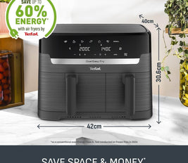 Tefal Easy Fry Dual Zone Digital Air Fryer, 2 Drawers, 8.3L, 8in1, Air Fry, Extra Crisp, Roast, Bake, Reheat, Dehydrate, 6 Portions, Non-Stick, Dishwasher Safe Baskets, Grey EY901HG0