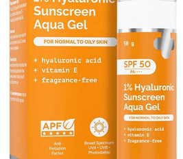 The Derma Co 1% Hyaluronic Sunscreen Aqua Ultra Light Gel SPF 50 PA++++ | Broad Spectrum UVA/UVB & Blue Light Protection | Anti-Pollution, Oil-Free, Fragrance-Free | For Oily Skin – 50g