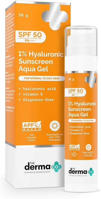 The Derma Co 1% Hyaluronic Sunscreen Aqua Ultra Light Gel SPF 50 PA++++ | Broad Spectrum UVA/UVB & Blue Light Protection | Anti-Pollution, Oil-Free, Fragrance-Free | For Oily Skin – 50g