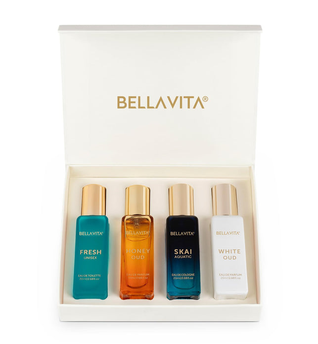 Bella Vita Luxury Eau De Parfum Gift Set 4x20 ML for Men & Women with SKAI, FRESH, WHITEOUD, PATCHOULI Perfume | Long Lasting EDP Fragrance Scent