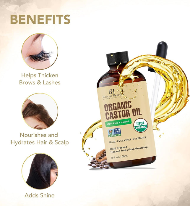 Botanic Hearth Castor Oil | USDA Certified Organic |100% Pure & Hexane Free | Cold Pressed | Growth for Eyelashes, Eyebrows, Hair | With Eyebrow & Eyelash Brush | 60 ML | Visit the Botanic Hearth Store