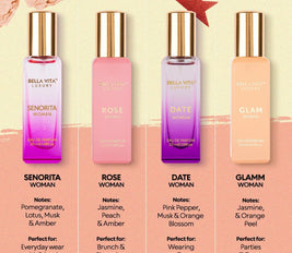 BellaVita Luxury Perfume Gift Set for Women | Includes DATE, Senorita, GLAM, ROSE Perfumes | Floral, Fruity & Savoury Long La