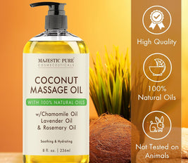MAJESTIC PURE Coconut Massage Oil - Huge 236ml | Ultra-Glide Formula with Soothing Aroma | Natural Oils for Massage Therapy & Pain Relief | Suitable for All Skin Types - Men & Women