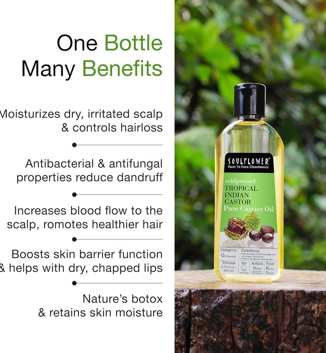 Soulflower Organic Castor Oil, Organic, Cold Pressed, Hexane Free, Thicker Hair, Eye Brows & Lashes, 100% Pure, Natural, Certified Organic, 6.77 Fl Oz