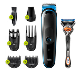 Braun 7-In-1 Trimmer With 13 Length Settings, With 4 Combs And Detail Trimmer, For Beard, Face, Nose, & Hair Trimming, And Clean Shaving, Gillette Razor, Gifts For Men, Mgk5245, Black/Blue