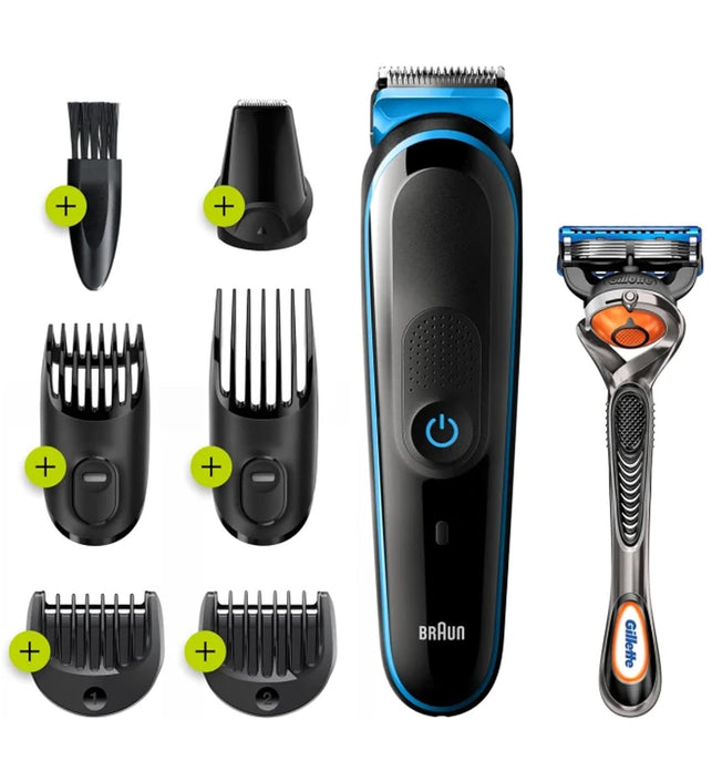 Braun 7-In-1 Trimmer With 13 Length Settings, With 4 Combs And Detail Trimmer, For Beard, Face, Nose, & Hair Trimming, And Clean Shaving, Gillette Razor, Gifts For Men, Mgk5245, Black/Blue