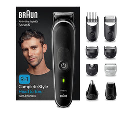 Braun 9-in-1 Multi Grooming Style Kit 5, MGK 5410, Head-To-Toe Grooming Curated Tools for Beard, Body, Ear & Nose trimming and hair clipping from home, With 100-min Runtime, Pouch, Grey