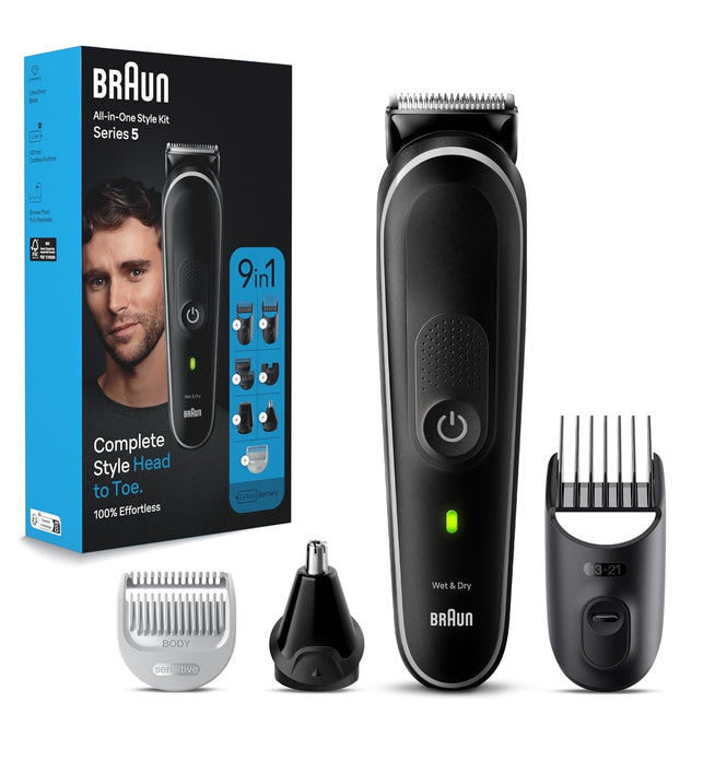 Braun 9-in-1 Multi Grooming Style Kit 5, MGK 5410, Head-To-Toe Grooming Curated Tools for Beard, Body, Ear & Nose trimming and hair clipping from home, With 100-min Runtime, Pouch, Grey