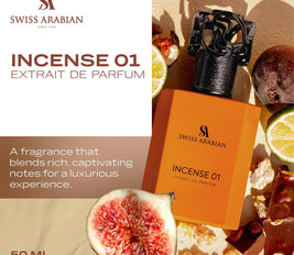 Swiss Arabian Incense 01 Extrait De Parfum, 50ml, Premium Quality Perfume, Unisex Fragrance, Fresh Incense, Luxurious Blend Perfume for Women and Men