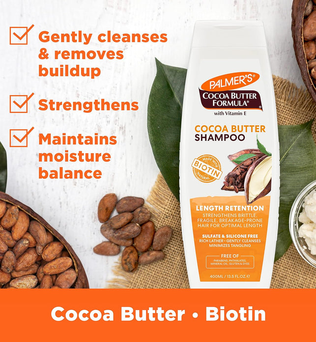Palmer's Cocoa Butter Formula Biotin Length Retention Shampoo -Vitamin E-Gentle Cleaning - Strengthen Hair-Minimize Tangling-Maintain Moisture-Sulphate,Silicon, Paraben, Mineral Oil Free-400ML