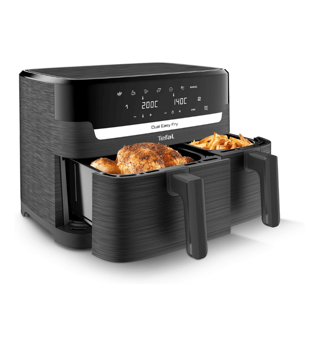 Tefal Easy Fry Dual Zone Digital Air Fryer, 2 Drawers, 8.3L, 8in1, Air Fry, Extra Crisp, Roast, Bake, Reheat, Dehydrate, 6 Portions, Non-Stick, Dishwasher Safe Baskets, Grey EY901HG0
