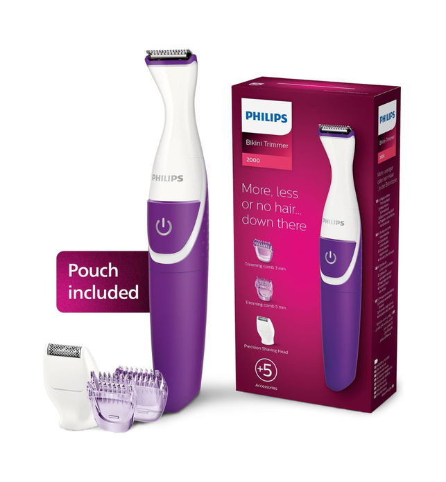 PHILIPS Essential Bikini Trimmer. Trim. Shave & Style. Mini Shaving Head Included. Portable. Battery, Brt38315, Whitepurple