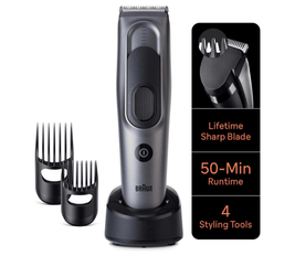 Braun Hair Clipper Series 7, Featuring Lifetime-Sharp Blades, 17 Length Settings, With 4 Styling Tools, 50-min runtime, Gifts for Men, HC7390, Silver
