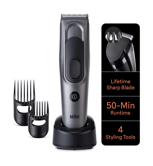 Braun Hair Clipper Series 7, Featuring Lifetime-Sharp Blades, 17 Length Settings, With 4 Styling Tools, 50-min runtime, Gifts for Men, HC7390, Silver