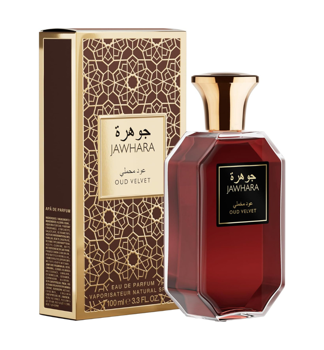 Jawhara Collection Oud Velvet Unisex Eau de Parfum, Woody Ambery Fragrance, With Saffron, Oud Wood & Vanilla Accords, 3.3oz