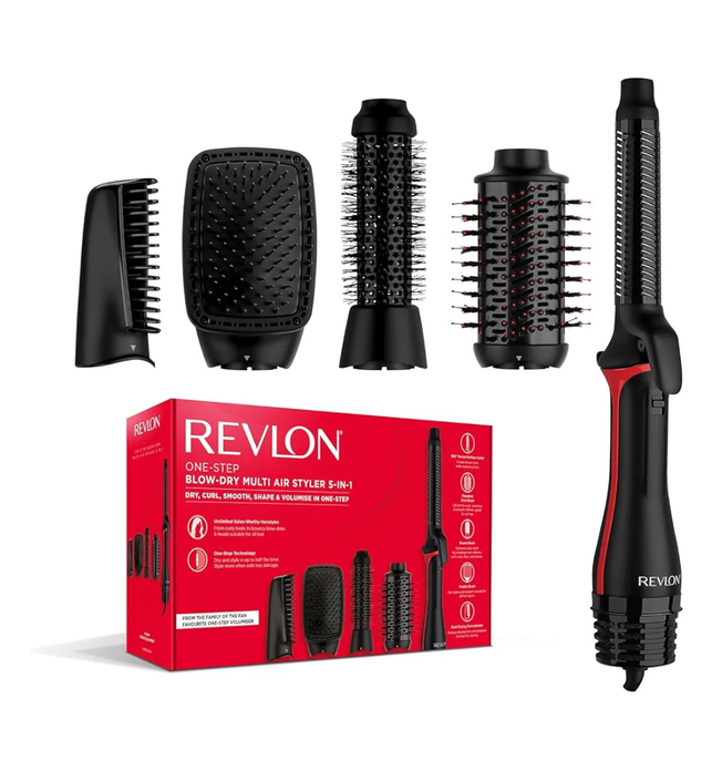 Revlon One Step Blow-Dry Multi Air Styler 5 in 1 Dryer, 360 Vented AirFlow Curler, Volumiser Oval Brush, Paddle Brush, Round Brush, Root-Drying Concentrator - 4 Heat Settings RVDR5371 - Black