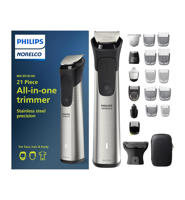 Philips Norelco Multigroom Series 9000-21 piece Men's Grooming Kit for beard, body, face, nose, ear hair trimmer w/premium storage case, MG9510/60