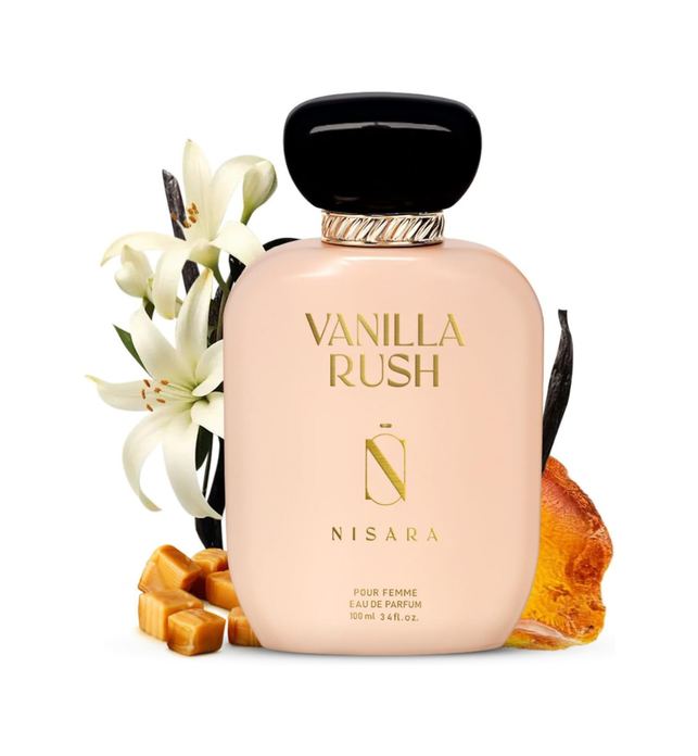 Nisara Vanilla Rush Gourmet Perfume For Woman 100 ml | Long Lasting Eau De Parfum | Ambery Vanilla Fragrance| Orchid, White Floral, Caramel,Amber, Musk Wood, Patchouli | EDP Scent spray for Woman |