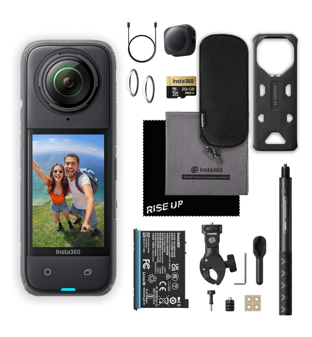 Insta360 X4 Waterproof 8K 360 Action Camera Motorcycle Kit | 72MP 360 Photo, 4K Wide-Angle Video Camera | Includes Heavy Duty Clamp, Action Invisible Selfie Stick, Lens Cap, & 256 GB Micro SD Card