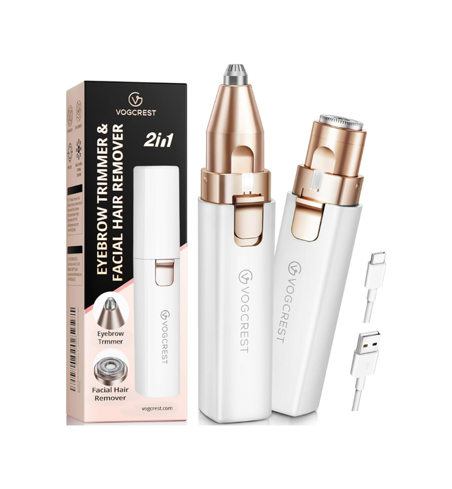 VG VOGCREST Eyebrow - Facial Hair Remover Women: Electric Portable 2 in 1 Face Shaver and Eyebrow Trimmer - Rechargeable Eyebrow Lips Body Facial Hair Removal for Women with Built-in LED Light (White)