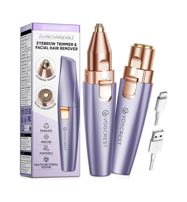 Rechargeable Eyebrow Trimmer & Facial Hair Remover for Women, 2 IN 1 Eyebrow Razor and Flawless Hair Remover, Eyebrow Lips Nose Body Facial Hair Removal for Women with Built-in LED Light (Purple)