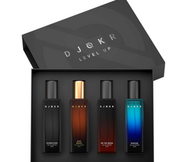 DJOKR Perfume Gift Set for Men Pack of 4x20 ML | Eau De Parfum | Premium Luxury Long Lasting Fragrance Spray | Signature, On The Rocks, Oud Wood, Marine (4x20 ml)