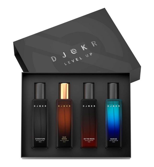 DJOKR Perfume Gift Set for Men Pack of 4x20 ML | Eau De Parfum | Premium Luxury Long Lasting Fragrance Spray | Signature, On The Rocks, Oud Wood, Marine (4x20 ml)