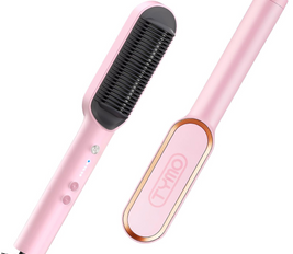 TYMO Hair Straightener Brush, Hair Iron with Built-in Comb. Tourmaline Ceramic Coating. Fast Heating & 5 Temp Settings. Hair Straightener Brush That Salon Styling at Home. (Pink)