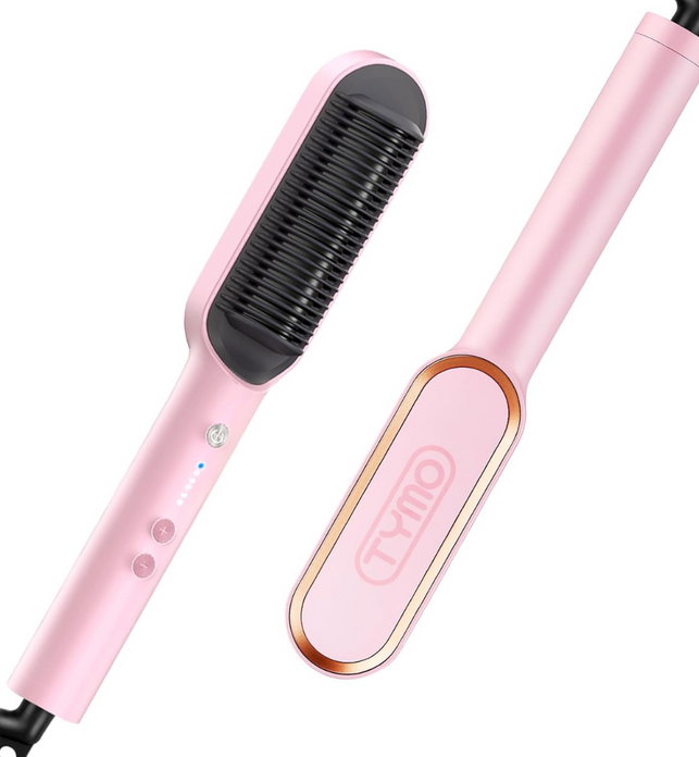 TYMO Hair Straightener Brush, Hair Iron with Built-in Comb. Tourmaline Ceramic Coating. Fast Heating & 5 Temp Settings. Hair Straightener Brush That Salon Styling at Home. (Pink)