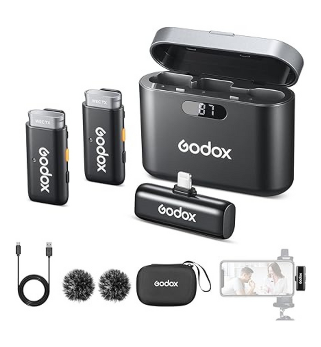 GODOX WES1 Kit2 Wireless Lavalier Microphone for iPhone, MFi Certified, Plug and Play, Noise Cancelling Lapel Mic with 656ft Transmission, Compatible with iPhone, iPad, for Vlogs/Interviews/Live