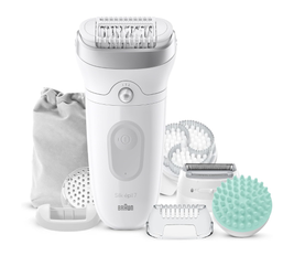 Braun Silk-épil 7 SkinSpa 7-081 All in One Wet & Dry Epilator, Exfoliation Brush, Massage Pad, Wide Head, Shaver & Trimmer Head, German Made, +6 Extras, Rechargeable Hair Removal Device - White