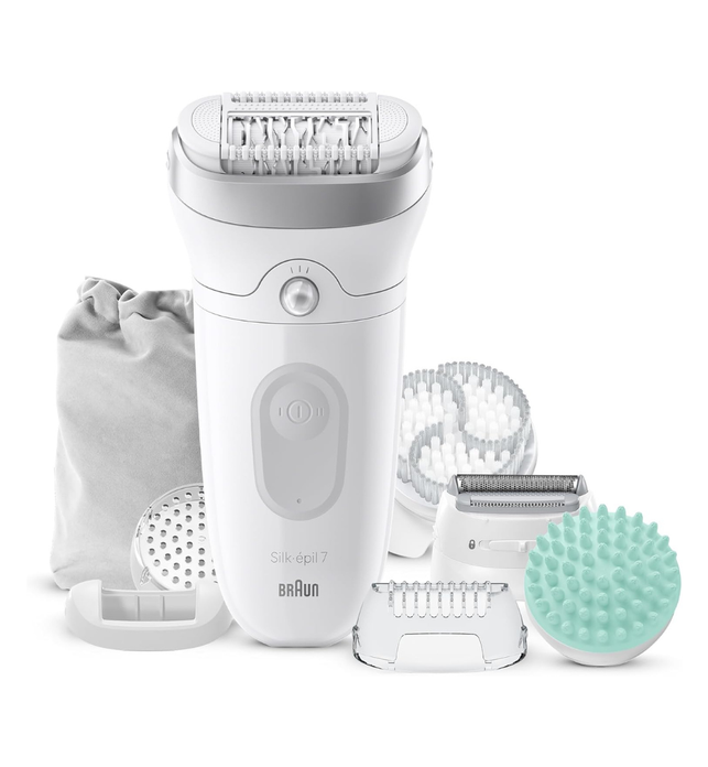 Braun Silk-épil 7 SkinSpa 7-081 All in One Wet & Dry Epilator, Exfoliation Brush, Massage Pad, Wide Head, Shaver & Trimmer Head, German Made, +6 Extras, Rechargeable Hair Removal Device - White