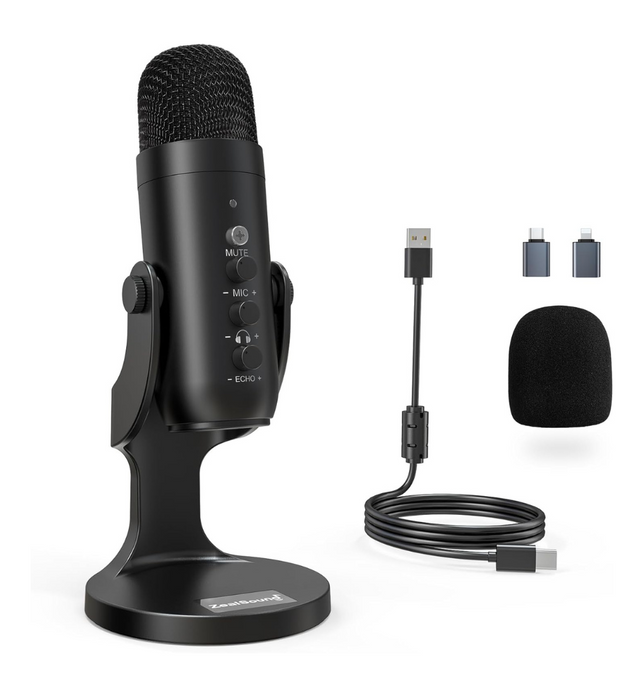 ZealSound USB Gaming Microphone,Condenser Computer PC Microphones,Plug&Play Mic for Podcast PS4/PS5 Vocal,YouTube on Mac&Windows with Mic Gain Control,Mute,Echo,Noise cancel,Headphone Jack,K66 Black