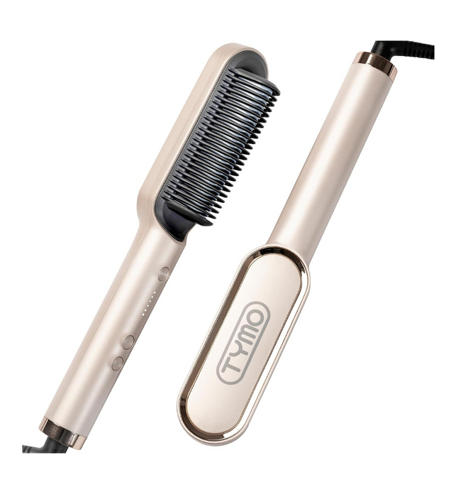 TYMO Hair Straightener Brush, Hair Iron with Built-in Comb. Tourmaline Ceramic Coating. Fast Heating & 5 Temp Settings. Hair Straightener Brush That Salon Styling at Home.(Gold)