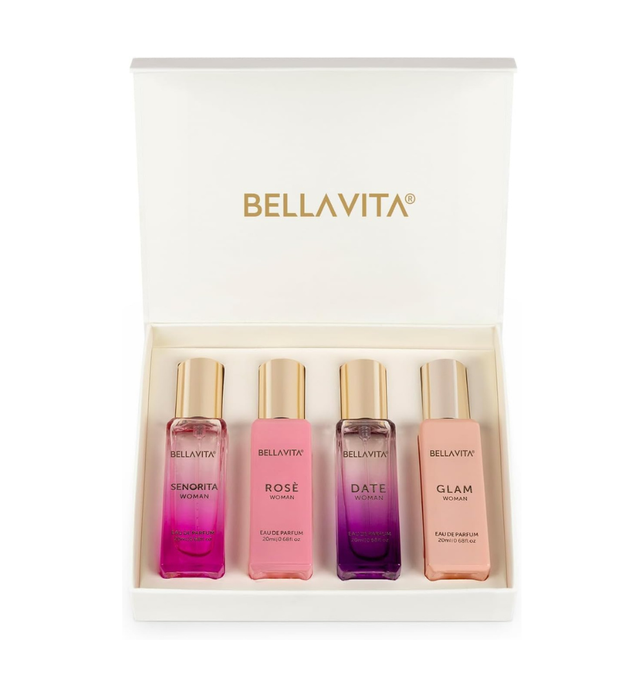 BellaVita Luxury Perfume Gift Set for Women | Includes DATE, Senorita, GLAM, ROSE Perfumes | Floral, Fruity & Savoury Long La