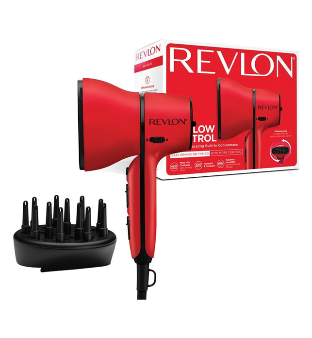 Revlon RVDR5320ARB Hair Dryer With Rotating Built-In Concentrator, Air Flow Control Dryer, 2000 Watts, 1.8M Cord - 3 Heat, 2 Speed Settings & Cool Shot - Red