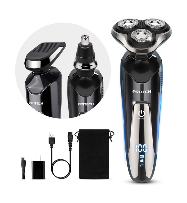 PRITECH Mens Electric Razor for Men Electric Face Shavers Rechargeable Shaving Men's Cordless Razors IPX7 Waterproof Wet Dry 3 in 1 Rotary Shavers Beard Nose Mustache Trimmer USB Charging