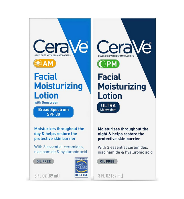 CeraVe Facial Moisturizing Lotion 3 Fl Oz (Pack of 2) AM/PM Bundle (Packaging may vary)