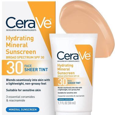 CeraVe Tinted Sunscreen with SPF 30 | Hydrating Mineral Sunscreen With Zinc Oxide & Titanium Dioxide | Sheer Tint for Healthy Glow | 1.7 Fluid Ounce