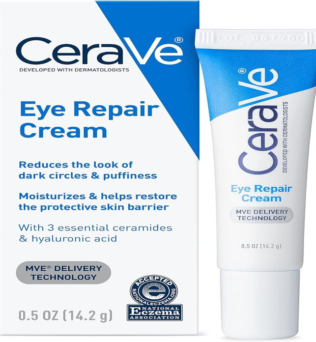 CeraVe Eye Repair Cream | Under Eye Cream for Dark Circles and Puffiness Delicate Skin Under Eye Area with Hyaluronic acid and Ceramides | Non-comedogenic, Fragrance Free 0.5Oz, 14 ML